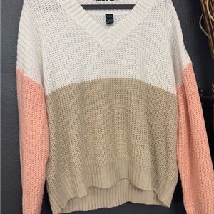 SHEIN Cream and Tan V-Neck Sweater with Pink Sleeves